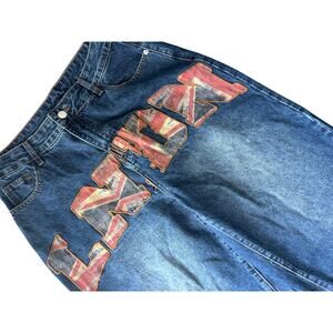 NWT SUMWON London Union Jack Flag Wide Leg Jeans Y2K Grunge Streetwear Size 28